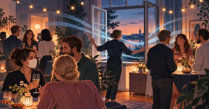 Kuvitus sisätiloissa järjestettävistä juhlista, joissa avoin ikkuna ja ilmavirtaa kuvaavat nauhat havainnollistavat tuuletusta ja yksi vieraista käyttää kasvomaskia.