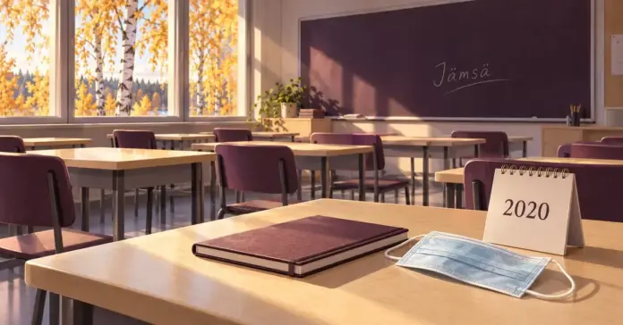 Kuvitus syksyisestä luokkahuoneesta, jonka taululla lukee Jämsä ja etualan pöydällä on kasvomaski, muistikirja sekä vuoden 2020 kalenteri.