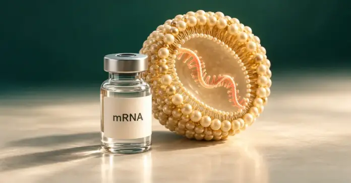 Kuvitus mRNA-rokotepullosta ja suurennetusta lipidihiukkasesta, jonka läpileikkaus paljastaa sen sisällä olevan mRNA-juosteen.